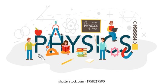 Physics typographic header. Scientist explore electricity, magnetism