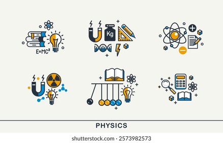 Physics vector detailed icons set, science and education theme, laboratory experiments, university and school.