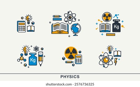 Physics vector detailed icons set, science theme compositions, research and experiments.