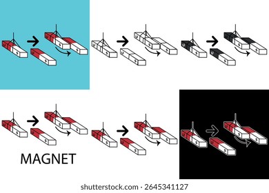 Vetor físico, ímã pendurado no fundo verde, ímã pendurado na linha, adesivo de ímã, preto e branco para educação ou experiência na aprendizagem.