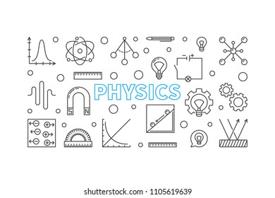 Physics vector horizontal banner. Science and education concept illustration in thin line style