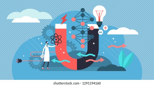 Physik, Vektorgrafik. Flaches Konzept winziger wissenschaftlicher Forschungsteilnehmer. Symbole für Elektrizität, Magnetismus, Lichtwelle und Kräfte. Wissen über das Verhalten des Universums. Theoretische und praktische Studie