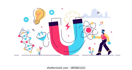 Physics vector illustration. Flat tiny scientific research persons concept. Symbols of electricity, magnetism, light wave and forces. Knowledge about universe behavior. Theoretical and practical study