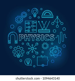 Physics vector round blue science and education concept illustration in thin line style on dark background