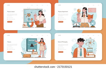 Physics web banner or landing page set. Students explore electricity, magnetism, light wave and forces. Theoretical and practical study. Physics school course. Flat vector illustration