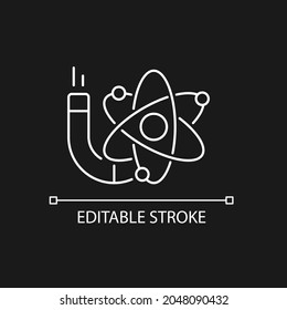 Physics white linear icon for dark theme. Image of atom, electrons, protons, neutrons. Thin line customizable illustration. Isolated vector contour symbol for night mode. Editable stroke