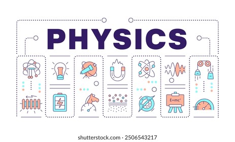 Physics word concept on white. School subject. Natural science. Stem education. Lab equipment. Creative illustration banner surrounded by editable line colorful icons