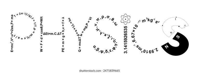Physics written by formulas and constants, numbers, creative physics art background, text art physics banner