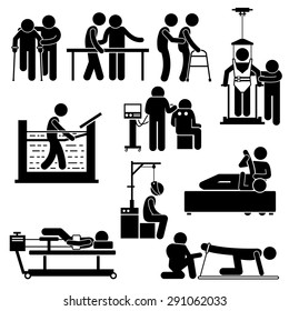 Physio Physiotherapy and Rehabilitation Treatment Stick Figure Pictogram Icons