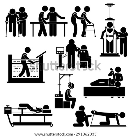 Physio Physiotherapy and Rehabilitation Treatment Stick Figure Pictogram Icons