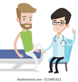 Physio therapist checking ankle of patient. Physio therapist examining leg of sportsman. Physio therapist giving a leg massage to patient. Vector flat design illustration isolated on white background.
