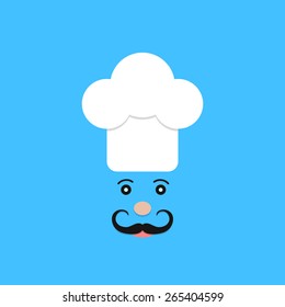 physiognomy of chef on blue background. concept of haute cuisine, culinary secrets, invitation, hobby, bon appetite, chief, gastronomical. flat style trendy modern logotype design vector illustration
