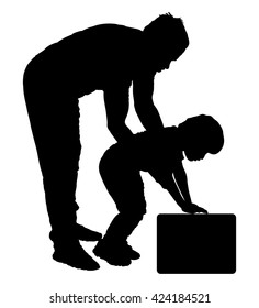 Physiotherapist and boy exercising in rehabilitation center, vector silhouette illustration isolated. Doctor supports the child during physiotherapy treatment. holding hands making first steps