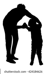 Physiotherapist and boy exercising in rehabilitation center, vector silhouette illustration isolated. Doctor supports the child during physiotherapy treatment. holding hands making first steps