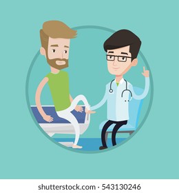 Physiotherapist checking ankle of a man. Physiotherapist examining leg of sportsman. Physiotherapist giving leg massage to patient. Vector flat design illustration in the circle isolated on background