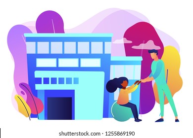 Physiotherapist and child gets treatment. Childrens rehabilitation centre, kids rehabilitation service, coordination and educational support concept. Bright vibrant violet vector isolated illustration