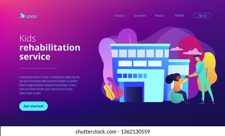 Physiotherapist and child gets treatment. Childrens rehabilitation centre, kids rehabilitation service, coordination and educational support concept. Website vibrant violet landing web page template.