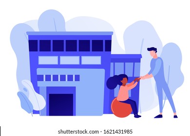 Physiotherapist and child gets treatment. Childrens rehabilitation centre, kids rehabilitation service, coordination and educational support concept. Pinkish coral bluevector vector isolated