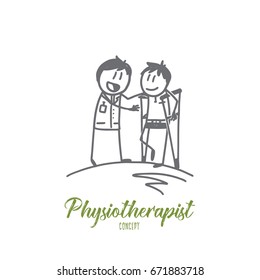 Physiotherapist concept. Hand drawn physiotherapist working with patient in clinic. Patient on crutches and doctor isolated vector illustration.