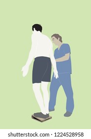Physiotherapist corrects the patient's posture standing on the inclined platform. Postural rehabilitation exercises. Physiotherapy.