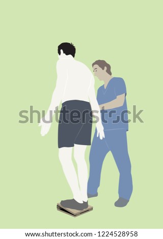Physiotherapist corrects the patient's posture standing on the inclined platform. Postural rehabilitation exercises. Physiotherapy.