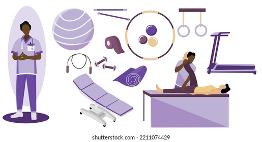 Physiotherapist and different items on white background