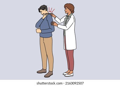 Physiotherapist help male patient with backache, suffering from spasm. Female doctor massage man shoulder or neck muscles, relieve tension in back. Healthcare. Vector illustration. 