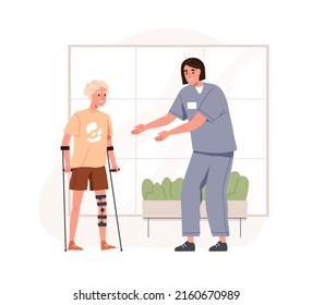 Physiotherapist helping kid walking with crutches after fracture, injury. Child patient at rehabilitation therapy. Nurse supporting boy in rehab. Flat vector illustration isolated on white background