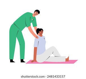 Physiotherapist is helping patient with exercise on a mat for recovery. Physical rehabilitation with assistant. Hand drawn vector illustration in flat design, isolated on white background 