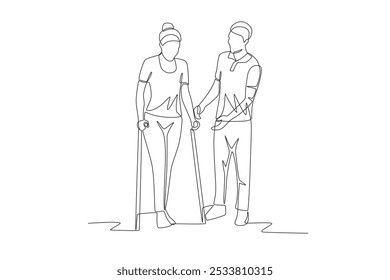 Physiotherapist helps patient walk. Patient rehabilitation concept one-line drawing
