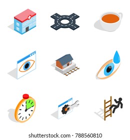 Physiotherapist icons set. Isometric set of 9 physiotherapist vector icons for web isolated on white background