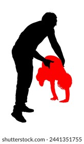 Physiotherapist and kid, boy exercising in rehabilitation center vector silhouette illustration isolated. Doctor pediatrician supports child physiotherapy treatment. Holding by hands teaching to walk.