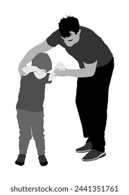 Physiotherapist and kid, boy exercising in rehabilitation center vector illustration isolated. Doctor pediatrician supports child physiotherapy treatment. Dad Holding sons hands teaching making steps.