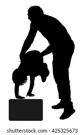 Physiotherapist and kid, boy exercising in rehabilitation center, vector silhouette illustration isolated. Doctor supports the child during physiotherapy treatment. holding hands making first steps