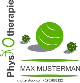 Logo del fisioterapeuta. El logotipo representa gráficamente las bolas himásticas y de masaje. En el lado hay una inscripción en el PHYSIOTHERAPIST alemán. Vector. EPS 10
