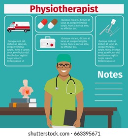 Physiotherapist and medical equipment icons with infographics elements for medical and pharmaceutical industry. Vector illustration