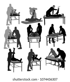 Physiotherapist and patient exercising in rehabilitation center, vector silhouette illustration. Doctor supports sportsman during physiotherapy treatment. Physical exercises massage and chiropractic