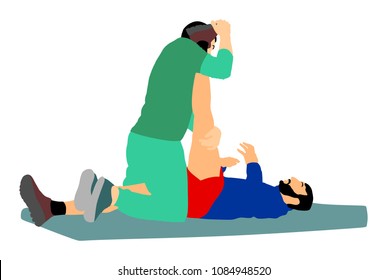 Physiotherapist and patient exercising in rehabilitation center, vector illustration. Doctor supports sportsman during physiotherapy treatment. Physical exercises massage and chiropractic. Healthcare.