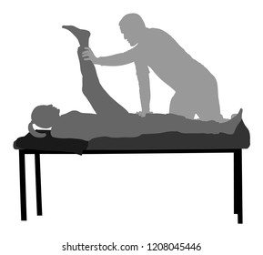Physiotherapist and patient exercising in rehabilitation center, vector silhouette. Doctor supports sport woman during physiotherapy treatment. Physical exercises massage chiropractic. Healthcare.