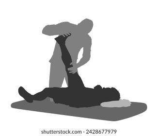 Physiotherapist and patient exercising in rehabilitation center vector silhouette isolated. Doctor supports sportsman on physiotherapy treatment. Physical exercises massage chiropractic. Health care.