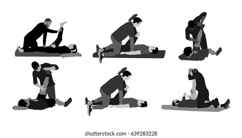 Physiotherapist and patient exercising in rehabilitation center, vector silhouette illustration. Doctor supports sportsman during physiotherapy treatment. Physical exercises massage and chiropractic