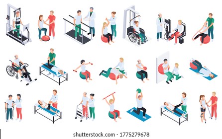 Physiotherapist practice rehabilitation medical center recovery exercises program equipment massage treatment isometric icons set isolated vector illustration