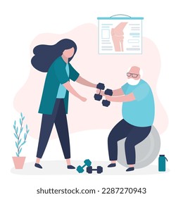Physiotherapist rehabilitates an elderly patient. Physiotherapy, injury recovery. Elderly man is doing exercises on fitball with rehabilitation doctor. Physiotherapy center, elderly care assistant.