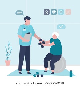 Physiotherapist rehabilitates an elderly patient. Physiotherapy, injury recovery. Aged woman doing exercises on fit ball with rehabilitation doctor. Physiotherapy center, elderly care assistant.