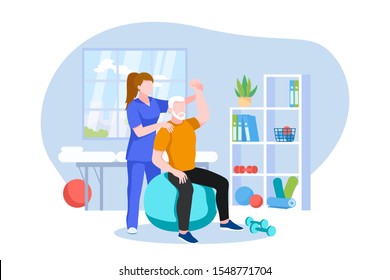Physiotherapist or rehabilitologist doctor rehabilitates elderly patient. Vector flat cartoon illustration. Physiotherapy rehab, injury recovery and healthcare concept.