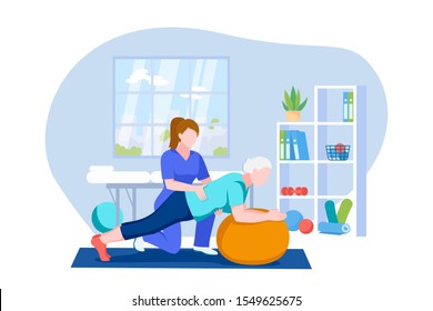 Physiotherapist or rehabilitologist doctor rehabilitates elderly patient. Senior woman doing exercises on fitball. Vector flat cartoon illustration. Physiotherapy rehab, injury recovery concept.