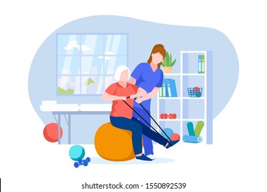 Physiotherapist or rehabilitologist doctor rehabilitates elderly patient. Vector flat cartoon illustration of physiotherapy rehab and injury recovery. Senior woman doing exercises on fitball.