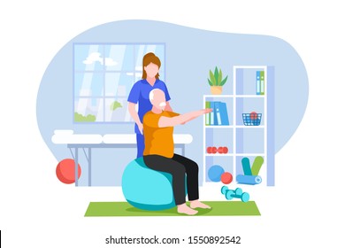 Physiotherapist or rehabilitologist doctor rehabilitates elderly patient. Physiotherapy rehab, injury recovery concept. Vector flat cartoon illustration.