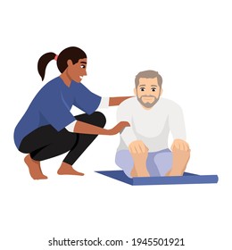 Physiotherapist or rehabilitologist doctor rehabilitates elderly patient. Vector flat cartoon illustration. Physiotherapy rehab, injury recovery and healthcare concept.