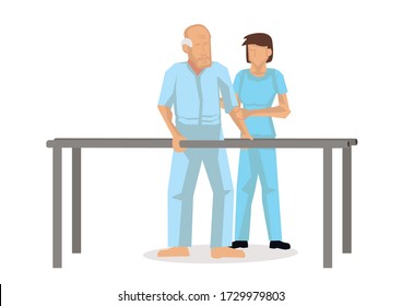 Physiotherapist standing by an old patient walking during a rehabilitation therapy. Vector illustration